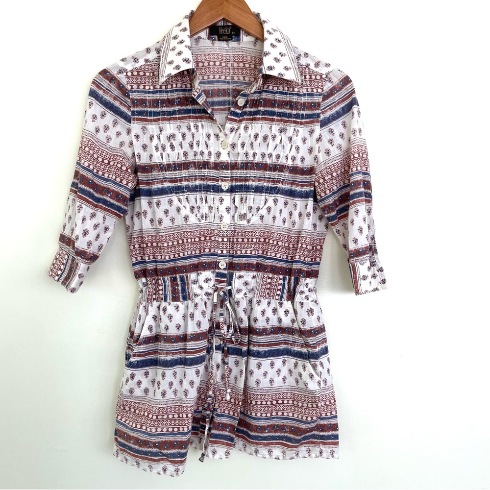 Veeko Pintuck Detail Waist Tie Button Front Tunic Blouse S Small 34 Red White